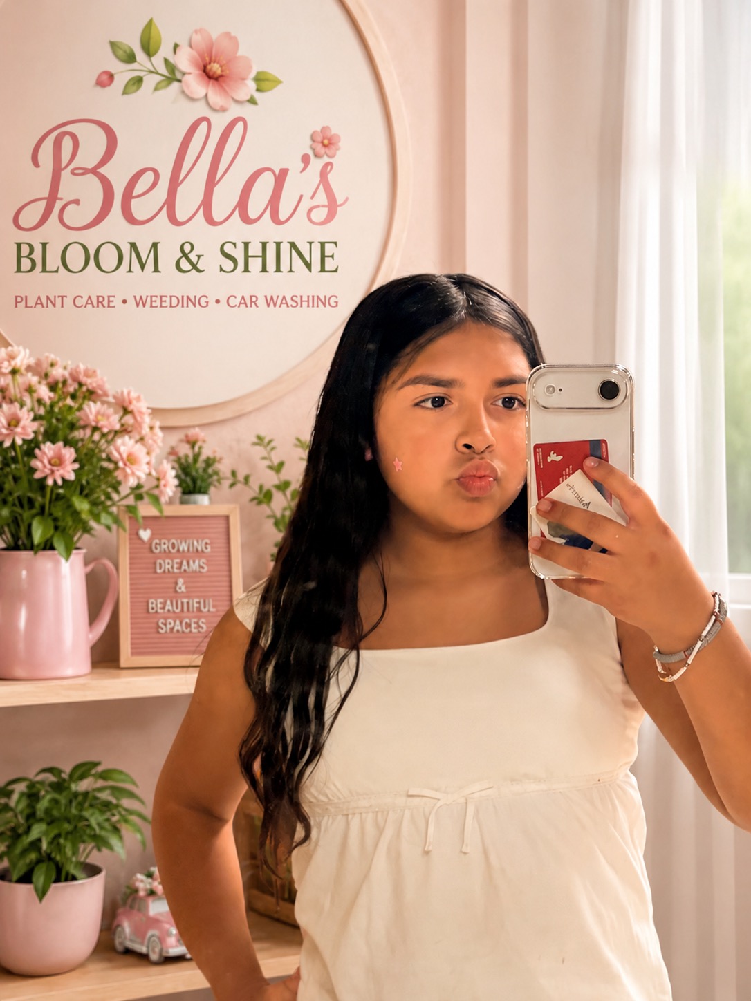 Bella in front of her Bella's Bloom and Shine sign