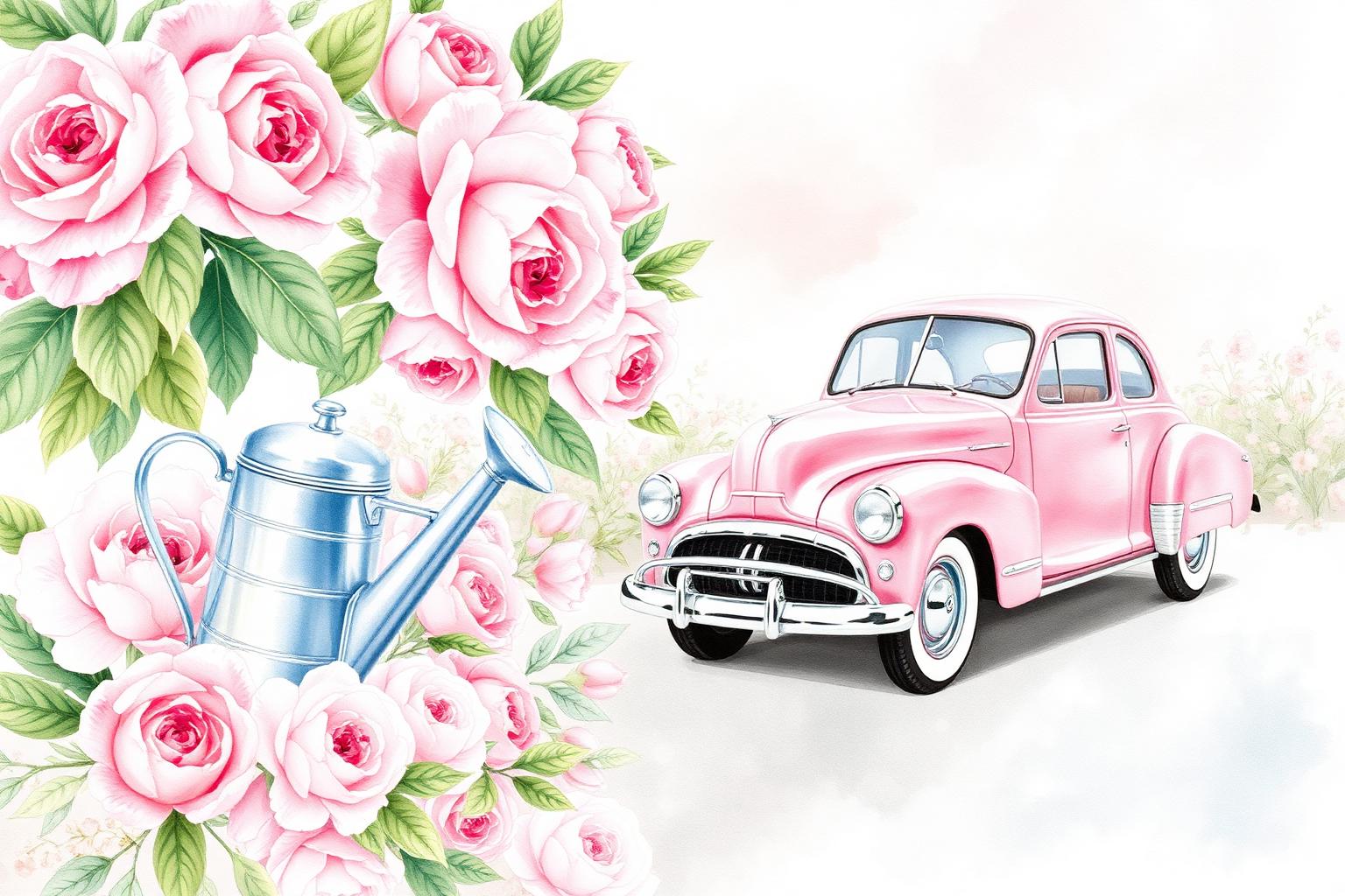 Watercolor pink roses, watering can, and pink vintage car